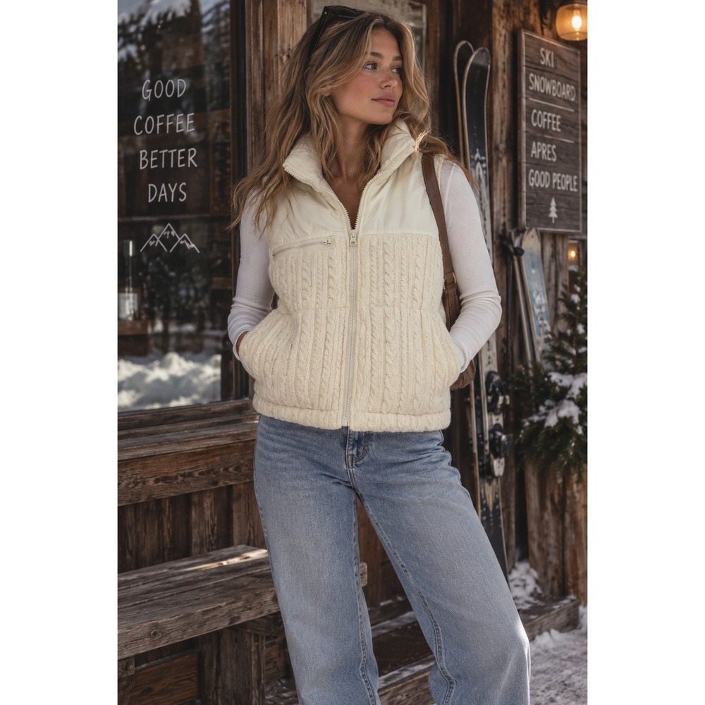 Thread & Supply Vest Womens XS Cream Cable Knit Puffer Winter Gorpcore